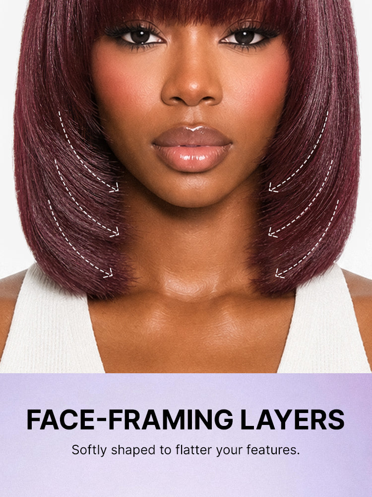 Reddish purple minimalist lace wig by Luvme featuring a realistic yaki straight bob with bangs and all-day comfort cap.