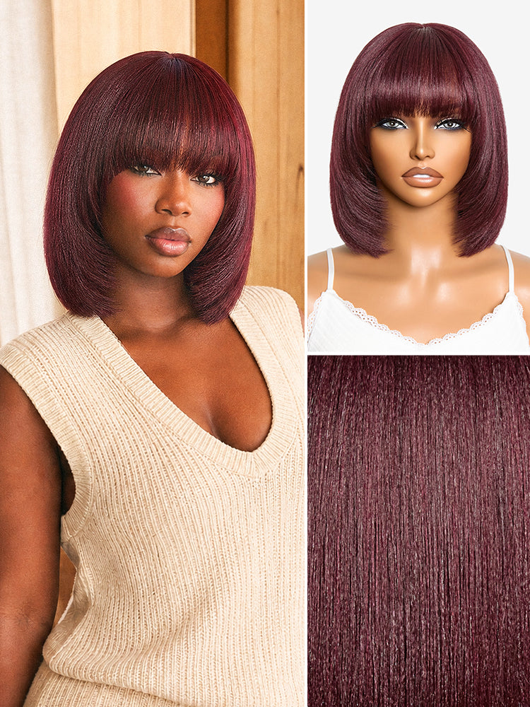 New Customers Only | Reddish Purple Realistic Glueless Yaki Straight Bob with Bangs Minimalist Lace Bob Wig All-Day Comfort Cap-13