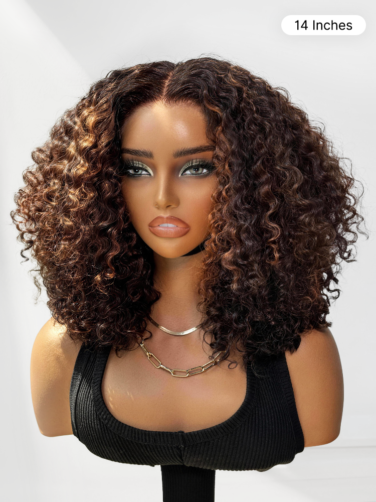 Luvme Hair 5x5 lace closure wig with 180% density, kinky curly, pre-cut glueless design, copper highlight, natural hairline
