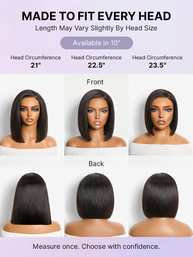 200% Density Natrual Black Yaki Straight Bob Glueless Minimalist Lace Wig Pre-cut Lace All-Day Comfort Cap-09