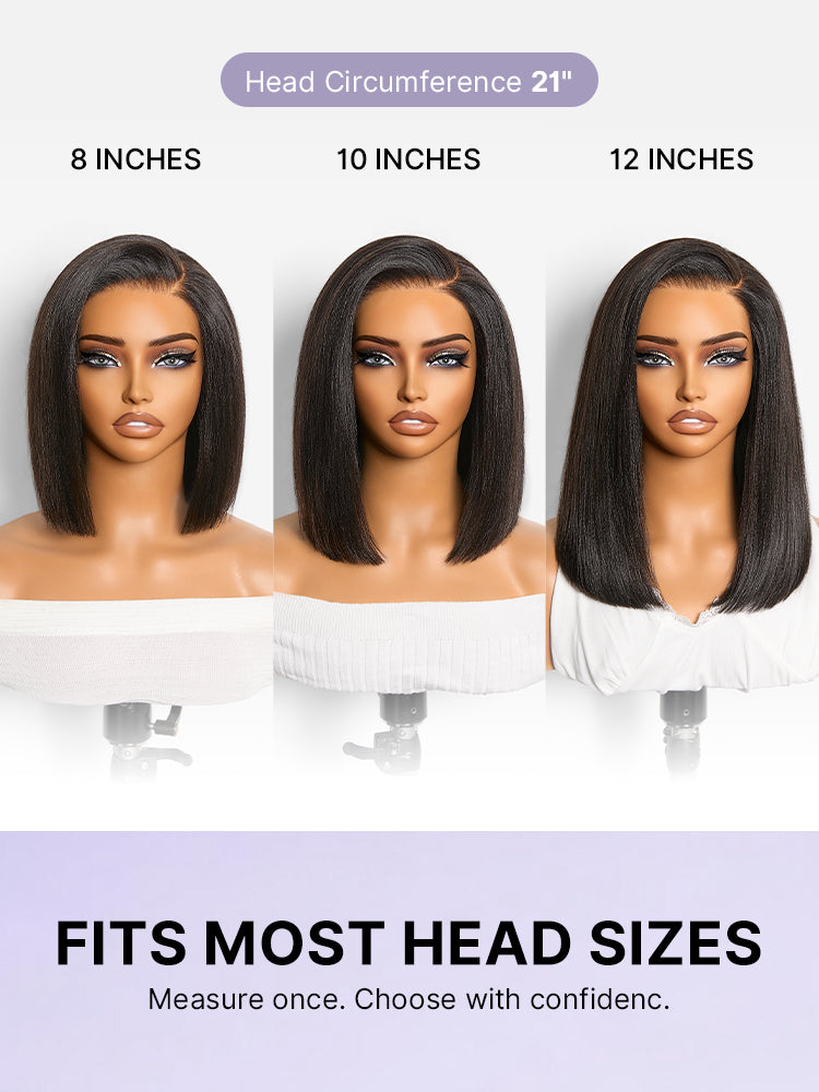 Luvme Hair natural black Yaki straight bob lace wig with pre-cut lace, glueless cap, and all-day comfort, 200% density.
