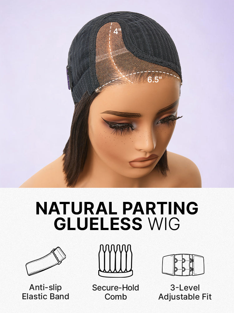 200% Density Natrual Black Yaki Straight Bob Glueless Minimalist Lace Wig Pre-cut Lace All-Day Comfort Cap-08