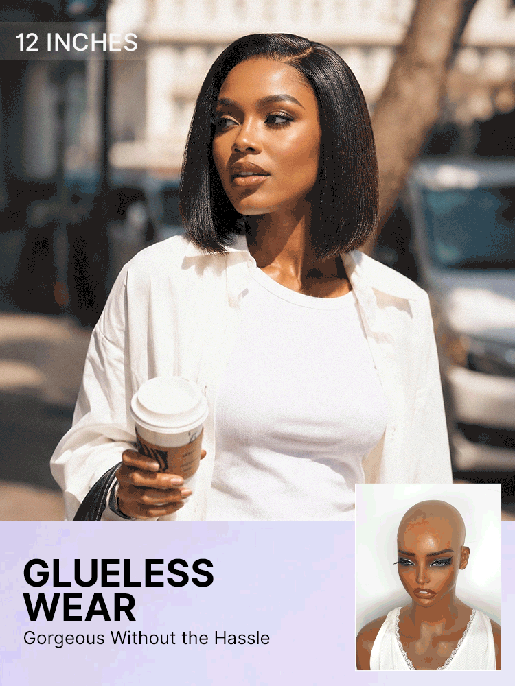 200% Density Natrual Black Yaki Straight Bob Glueless Minimalist Lace Wig Pre-cut Lace All-Day Comfort Cap-06