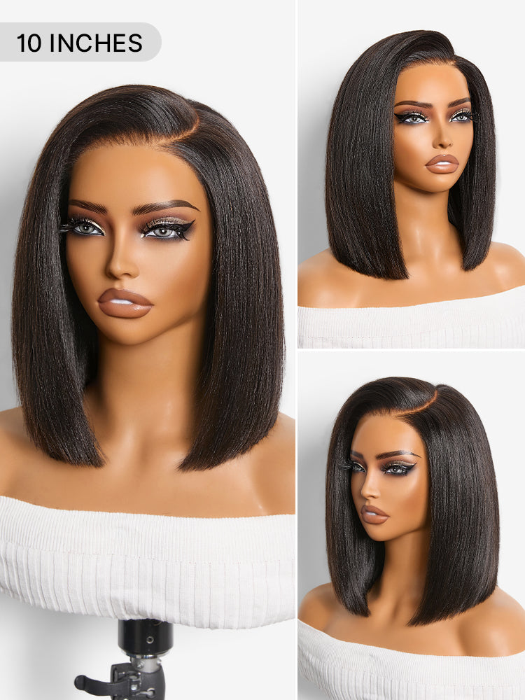 200% Density Natrual Black Yaki Straight Bob Glueless Minimalist Lace Wig Pre-cut Lace All-Day Comfort Cap-10