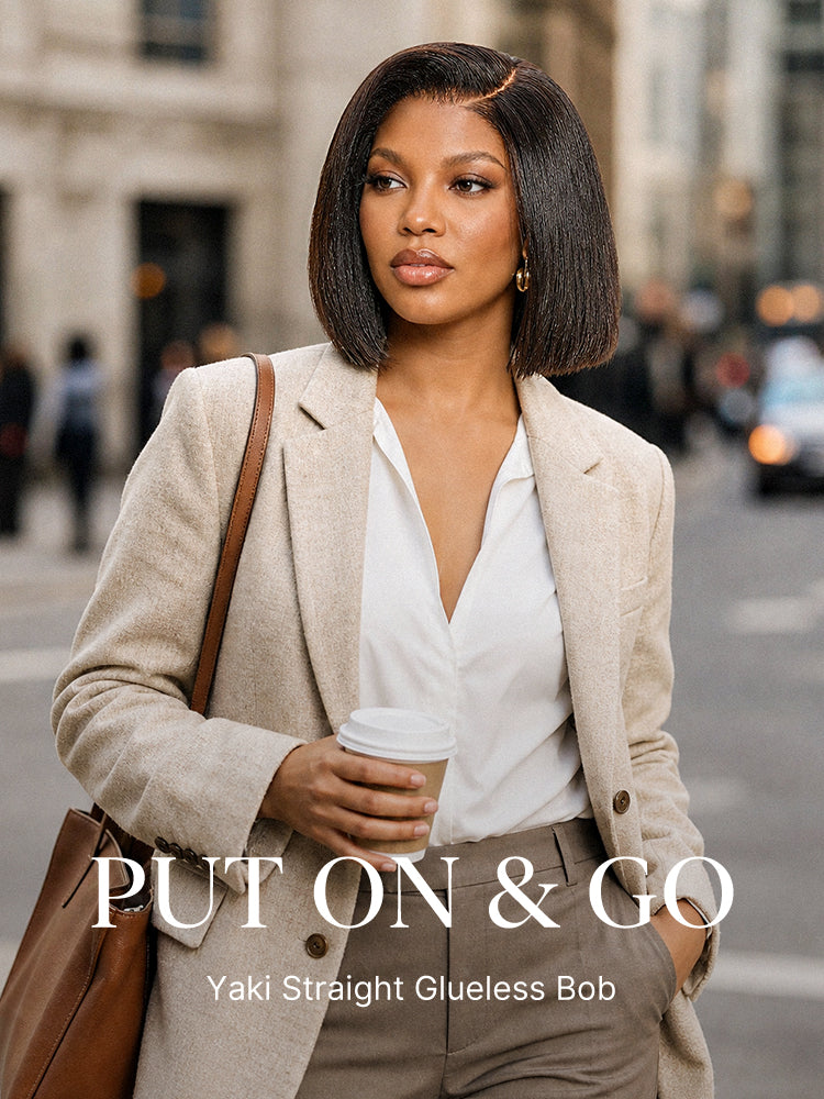 200% Density Natrual Black Yaki Straight Bob Glueless Minimalist Lace Wig Pre-cut Lace All-Day Comfort Cap-13