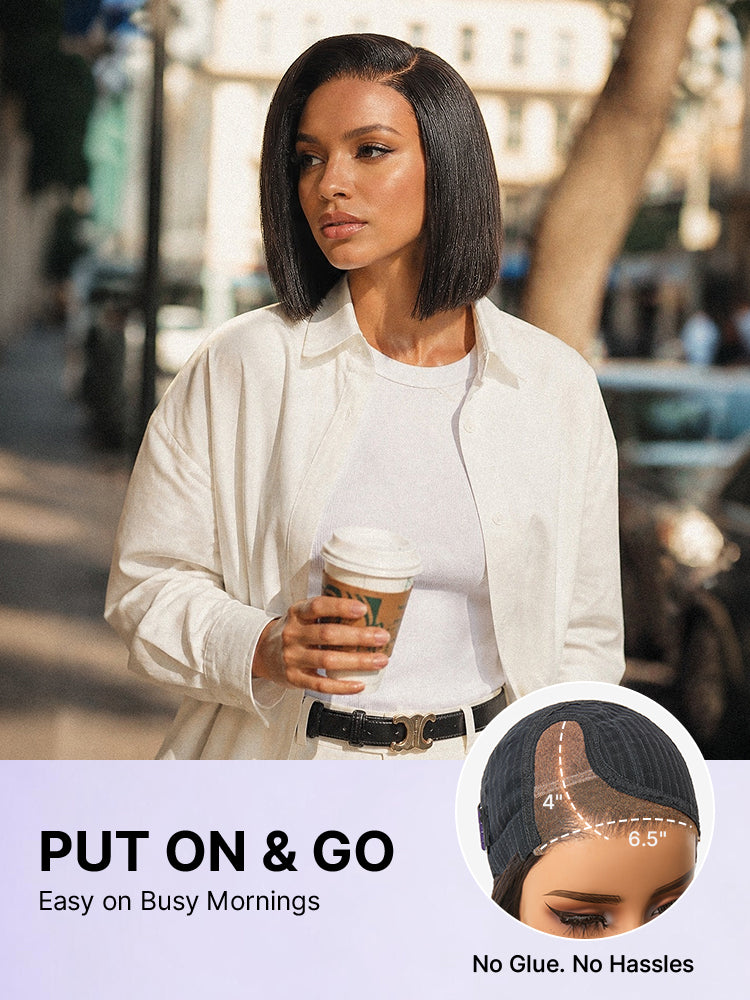 200% Density Natrual Black Yaki Straight Bob Glueless Minimalist Lace Wig Pre-cut Lace All-Day Comfort Cap-14