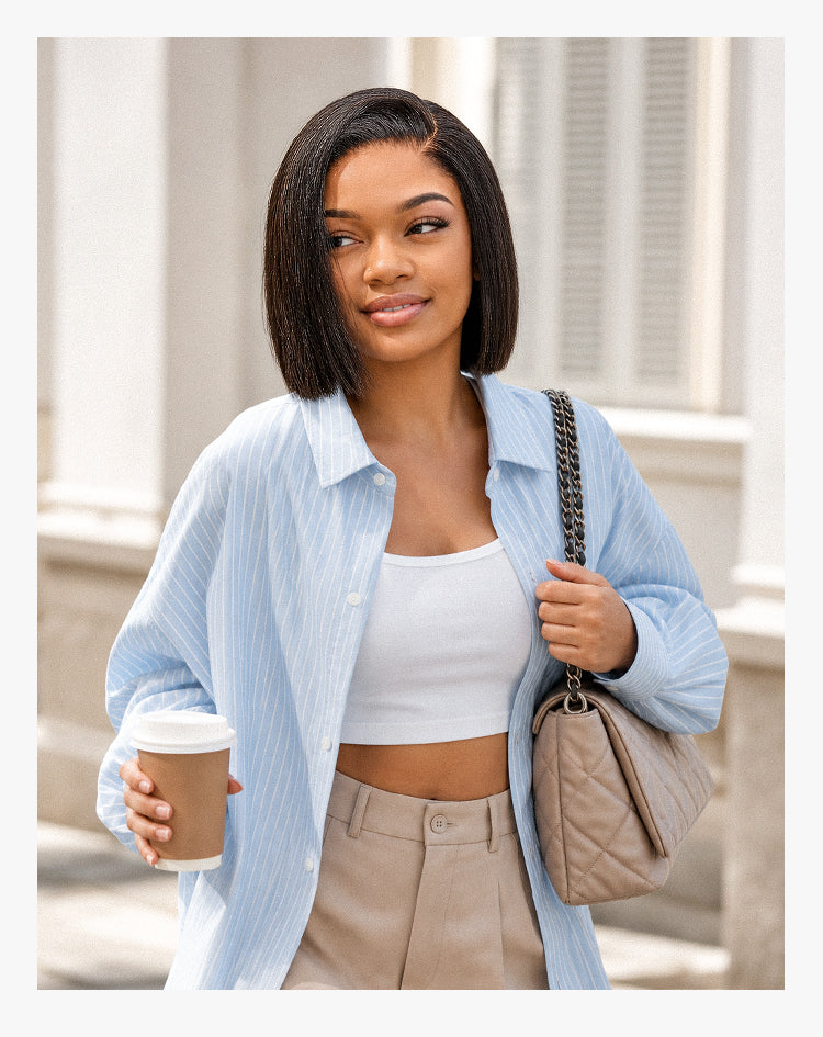 200% Density Natrual Black Yaki Straight Bob Glueless Minimalist Lace Wig Pre-cut Lace All-Day Comfort Cap-17