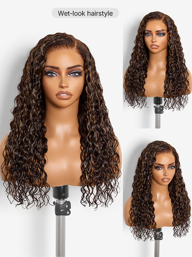 Luvme All-Day Comfort™ Funmi Curly HD lace wig with brown highlights, 7x6 closure, glueless, pre-cut lace, natural parting.