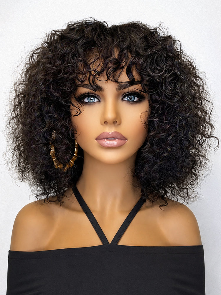 Beginner Friendly Water Wave Minimalist Lace Glueless Short Curly Wig with Bangs-30
