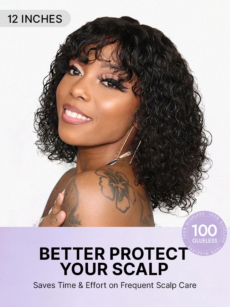 Beginner Friendly Water Wave Minimalist Lace Glueless Short Curly Wig with Bangs-31
