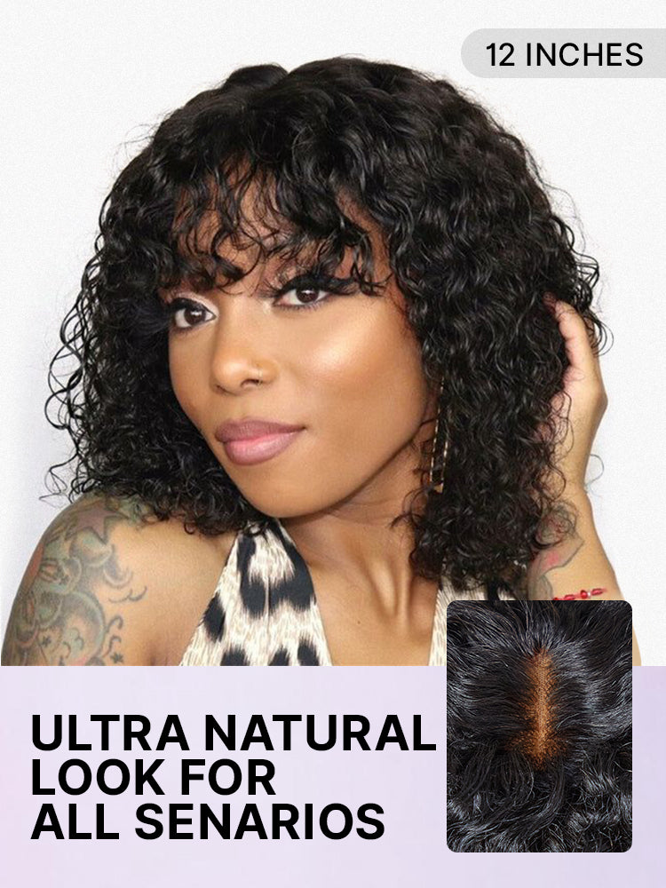 Beginner Friendly Water Wave Minimalist Lace Glueless Short Curly Wig with Bangs-32