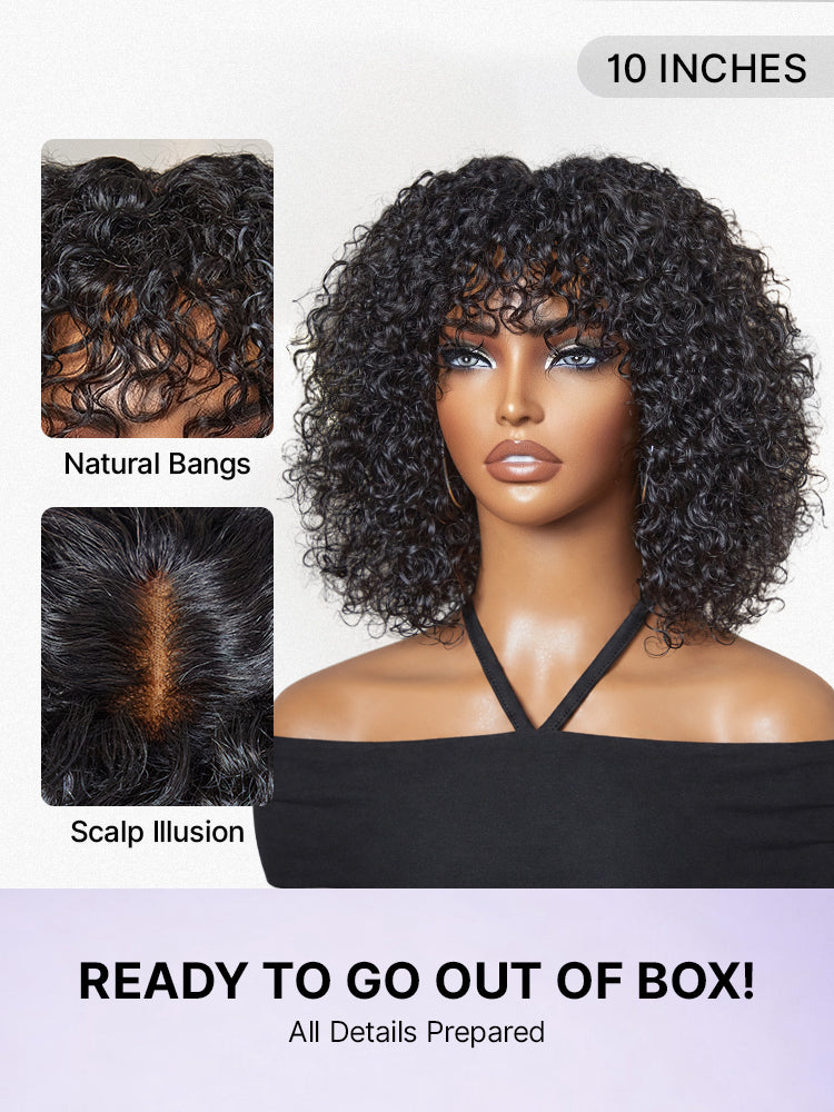 Beginner Friendly Water Wave Minimalist Lace Glueless Short Curly Wig with Bangs-36