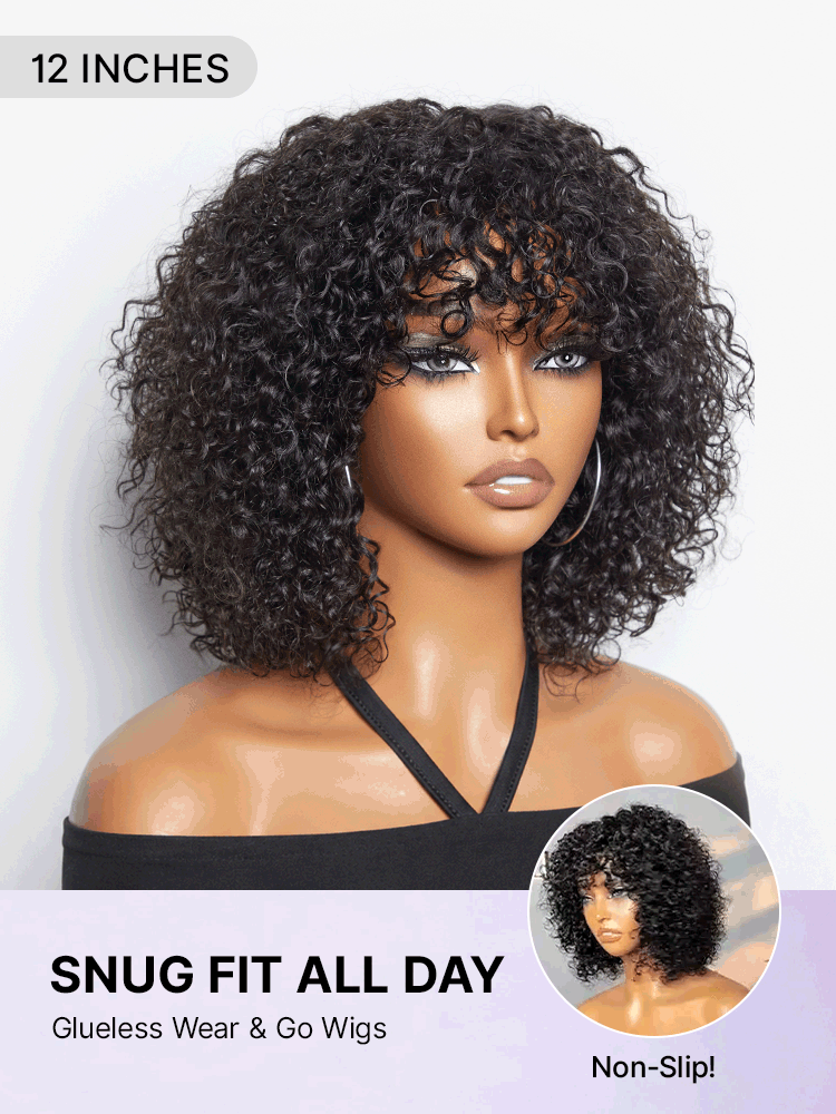 Beginner Friendly Water Wave Minimalist Lace Glueless Short Curly Wig with Bangs-37