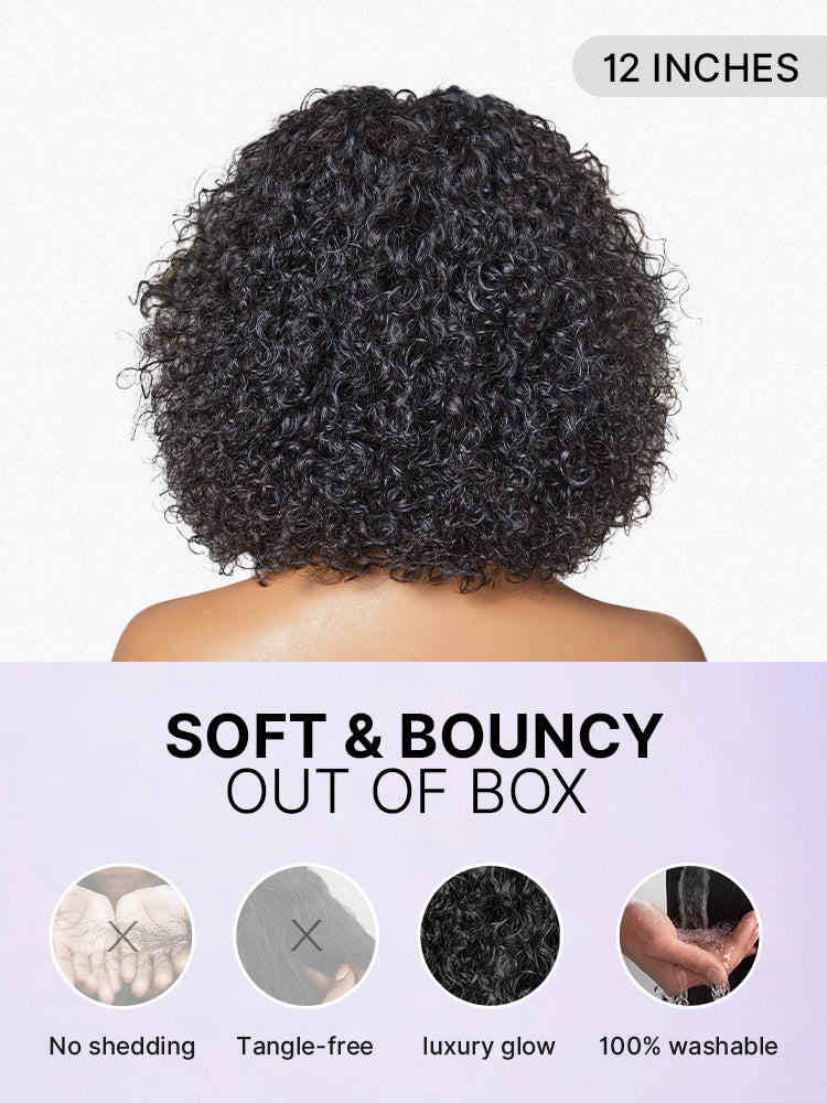 Beginner Friendly Water Wave Minimalist Lace Glueless Short Curly Wig with Bangs-38