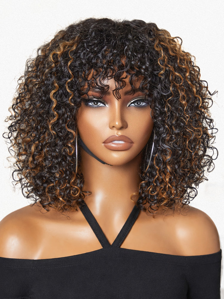 Beginner Friendly Water Wave Minimalist Lace Glueless Short Curly Wig with Bangs-39