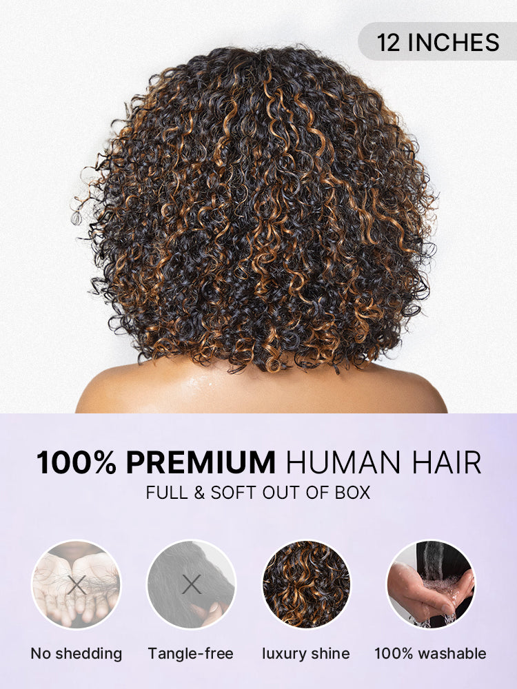 Beginner Friendly Water Wave Minimalist Lace Glueless Short Curly Wig with Bangs-40