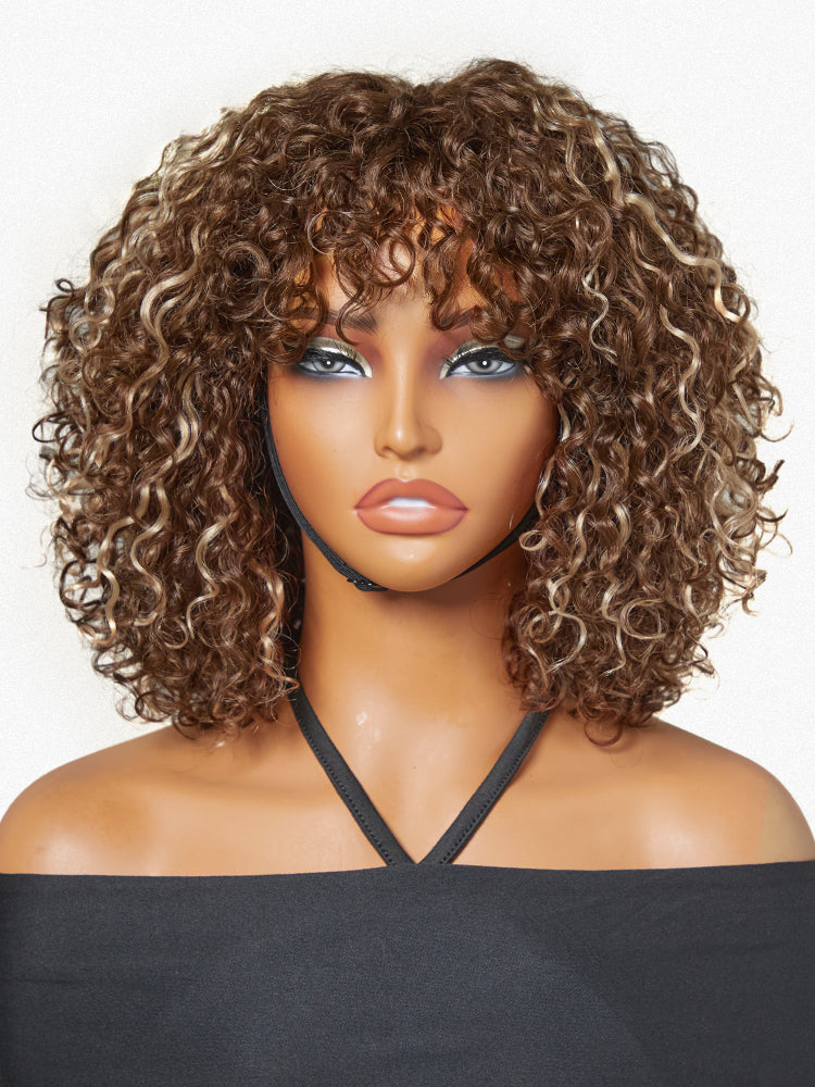 Beginner Friendly Water Wave Minimalist Lace Glueless Short Curly Wig with Bangs-43