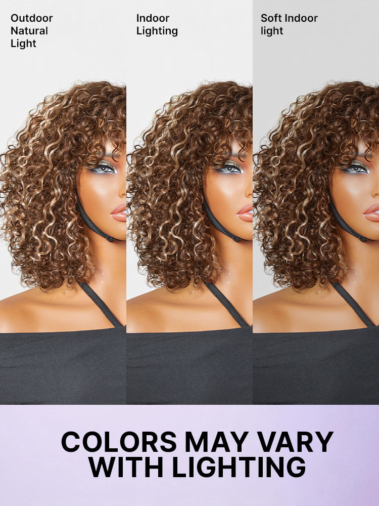 Beginner Friendly Water Wave Minimalist Lace Glueless Short Curly Wig with Bangs-44
