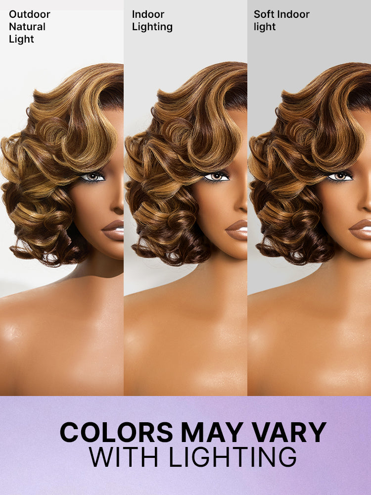 Luvme Hair classic honey blonde highlight wavy lace wig with pre-cut HD lace, glueless, minimalist design, and natural texture.
