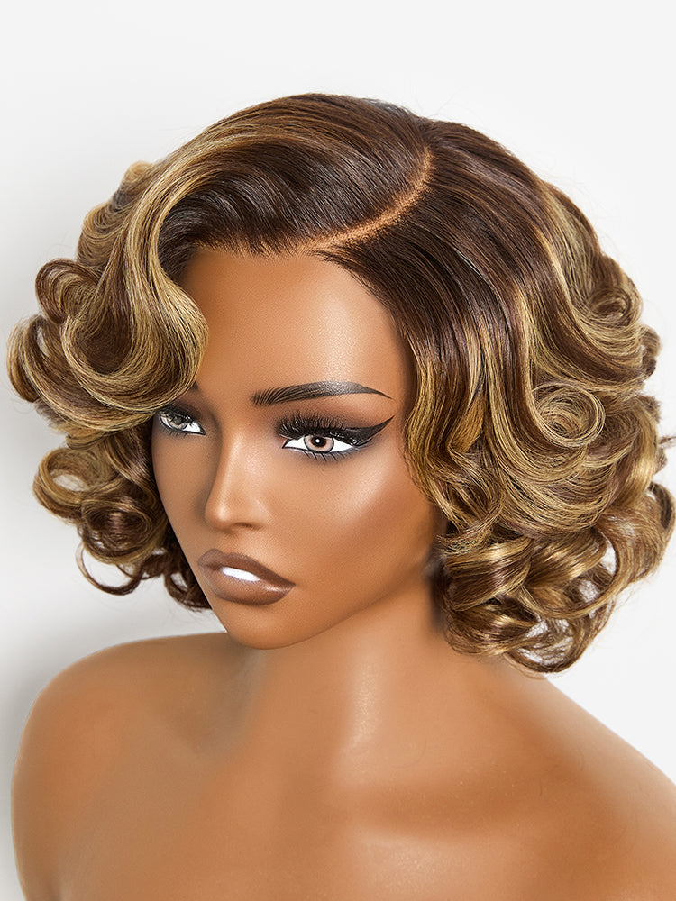 Luvme Hair classic honey blonde highlight wavy lace wig with pre-cut HD lace, minimalistic and glueless, showcasing the hairstyle and lace details.