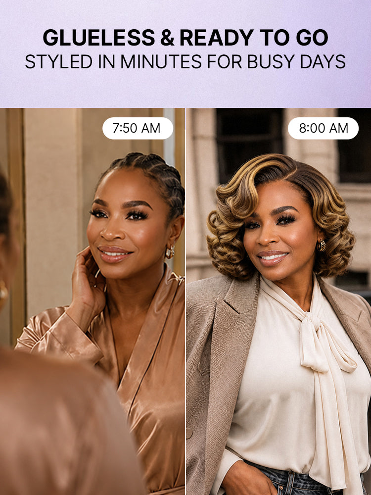 Luvme Hair classic honey blonde wavy lace wig with pre-cut HD lace, minimal glueless design and natural highlights.