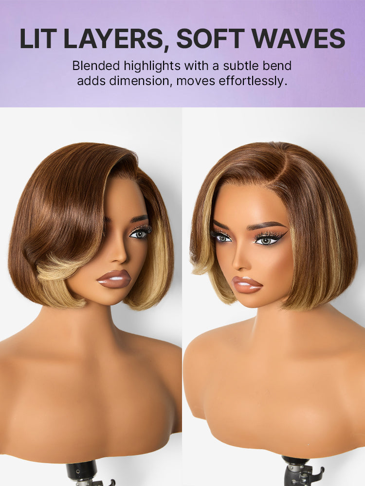 Luvme Hair honey blonde layered bob wig with face-framing highlights, glueless 5x5 lace closure, blowout style, pre-cut lace.