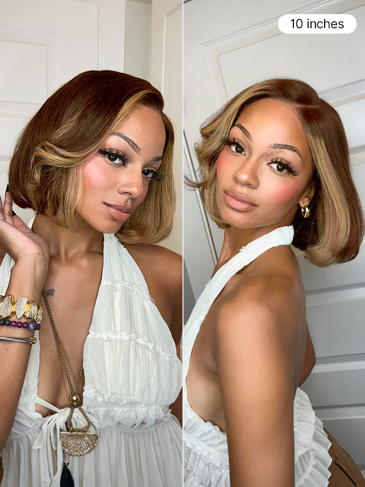 Luvme Hair honey blonde face-framing highlights layered bob wig with 5x5 lace closure and pre-cut lace for all-day comfort.