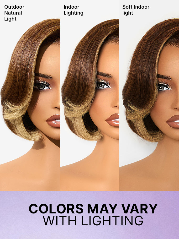 Luvme Hair honey blonde layered bob wig with face-framing highlights, 5x5 lace closure, glueless, pre-cut lace for all-day comfort