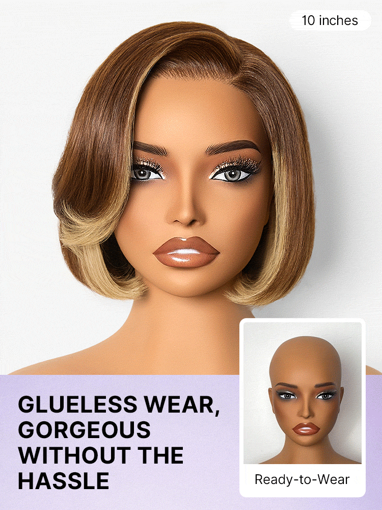 Luvme Hair honey blonde layered bob wig with face-framing highlights, 5x5 lace closure, glueless style, blow out look, pre-cut lace