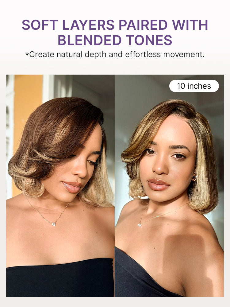 All-Day Comfort Honey Blonde Face-Framing Highlights Blow Out Layered Cut Glueless 5x5 Closure Lace Bob Wig Pre-cut Lace-38