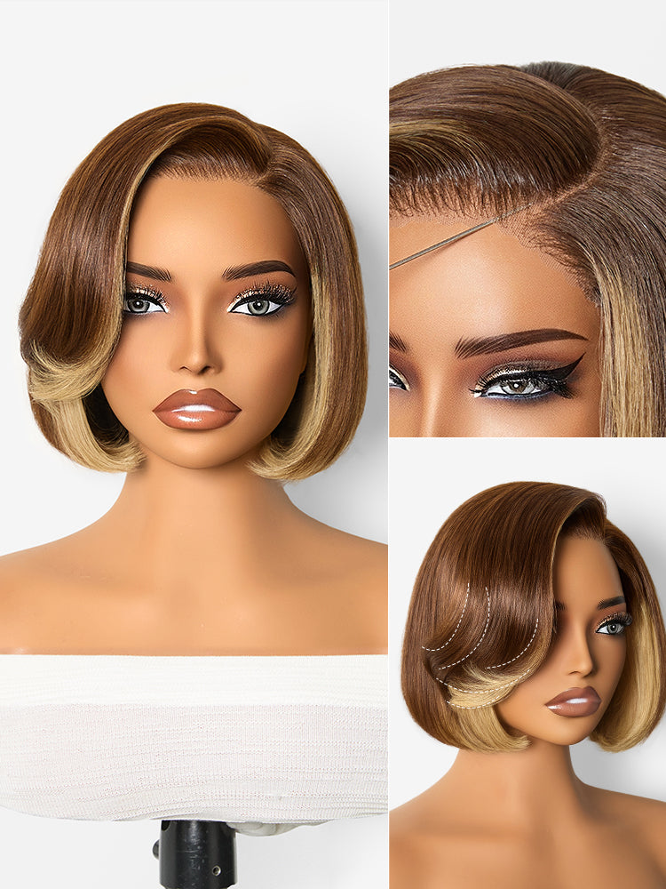 All-Day Comfort Honey Blonde Face-Framing Highlights Blow Out Layered Cut Glueless 5x5 Closure Lace Bob Wig Pre-cut Lace-34