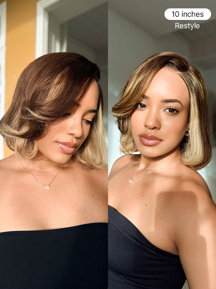 Luvme Hair honey blonde layered bob wig with face-framing highlights, 5x5 lace closure, glueless design, and pre-cut lace.
