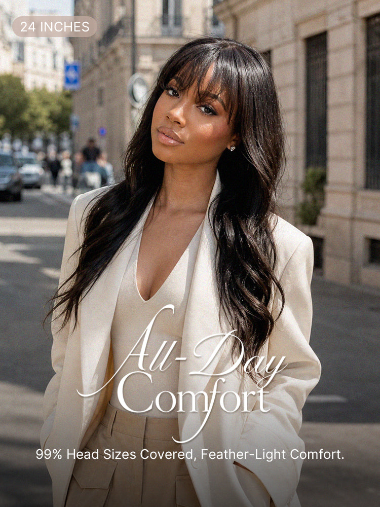 Luvme All-Day Comfort™ wig with loose body wave human hair, 7x6 HD lace closure, bangs, and glueless design.