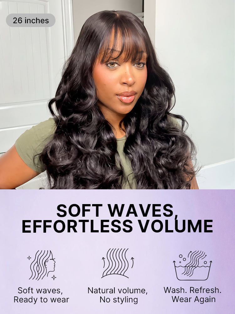 Luvme All-Day Comfort™ loose body wave human hair wig with 7x6 HD lace closure, bangs, 180% density, glueless, pre-cut lace