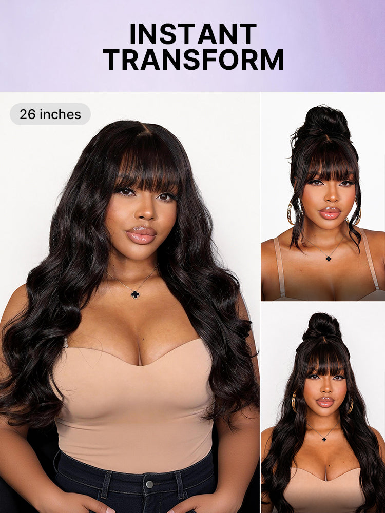 Luvme All-Day Comfort™ human hair wig with loose body wave style, 180% density, glueless 7x6 HD lace closure with bangs