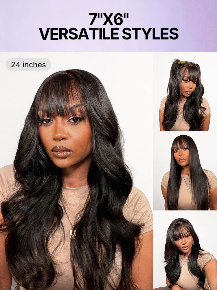 Luvme All-Day Comfort™ wig with loose body wave style, 180% density, glueless 7x6 HD lace closure, human hair with bangs