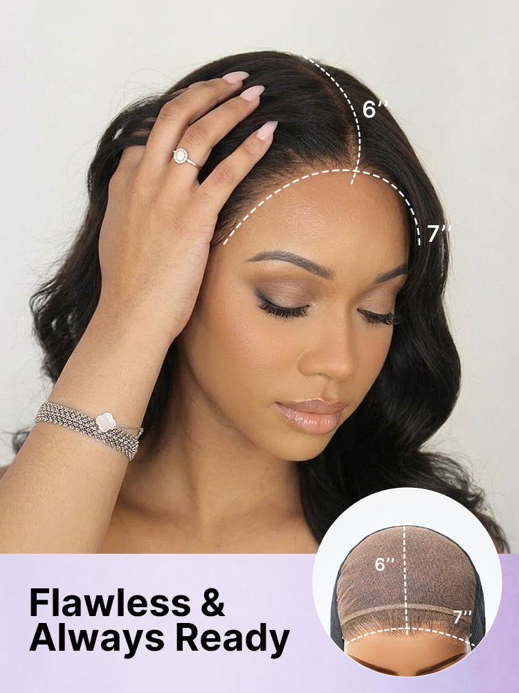 Luvme All-Day Comfort™ loose body wave human hair wig with 7x6 HD lace closure, bangs, and 180% density.