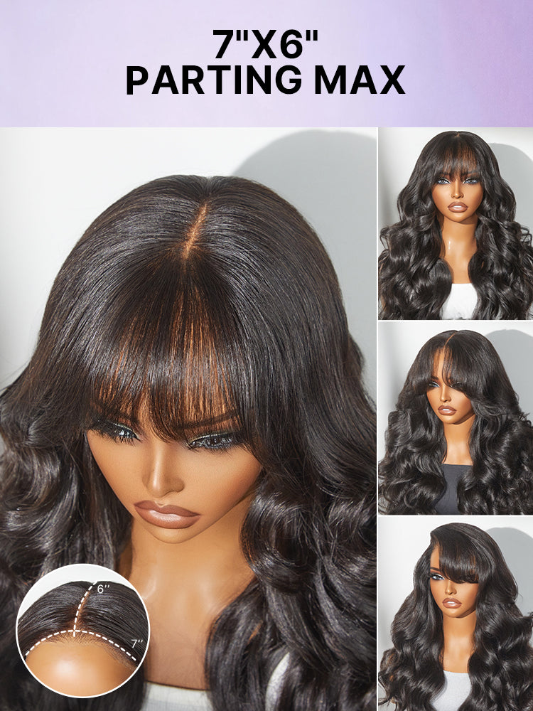 Luvme All-Day Comfort™ human hair wig with loose body wave curls, glueless 7x6 HD lace closure, bangs, and pre-cut lace.