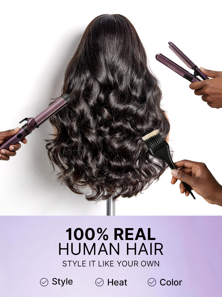 Luvme All-Day Comfort™ loose body wave human hair wig with 7x6 HD lace closure, bangs, 180% density, glueless style.