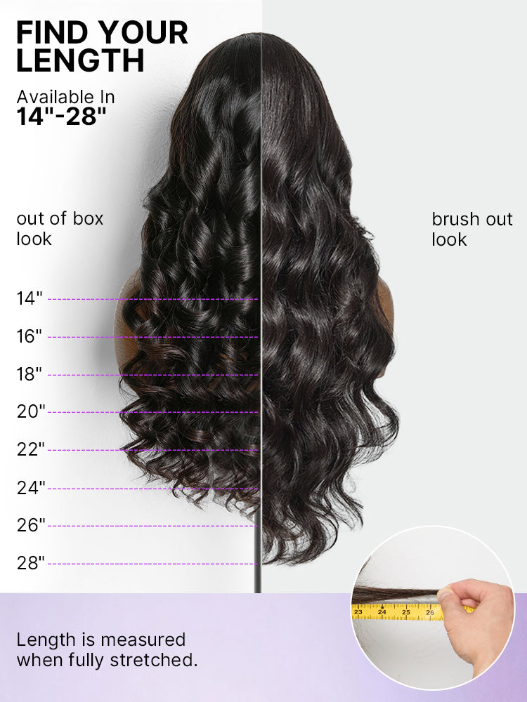 Luvme All-Day Comfort™ wig with 180% density, loose body wave, glueless 7x6 HD lace closure, human hair with bangs.
