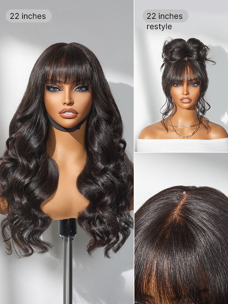 Luvme Hair All-Day Comfort™ wig with loose body wave, 180% density, glueless 7x6 HD lace closure with bangs, human hair.