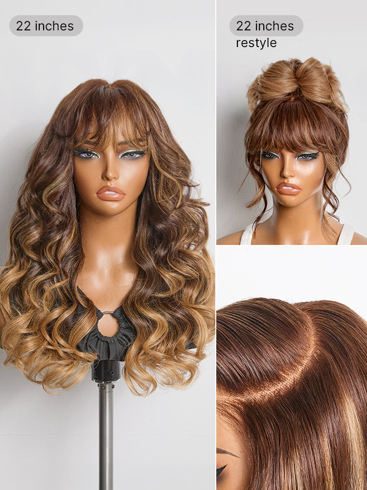 Luvme All-Day Comfort™ human hair wig with loose body wave style, 7x6 HD lace closure, bangs, and pre-cut lace.