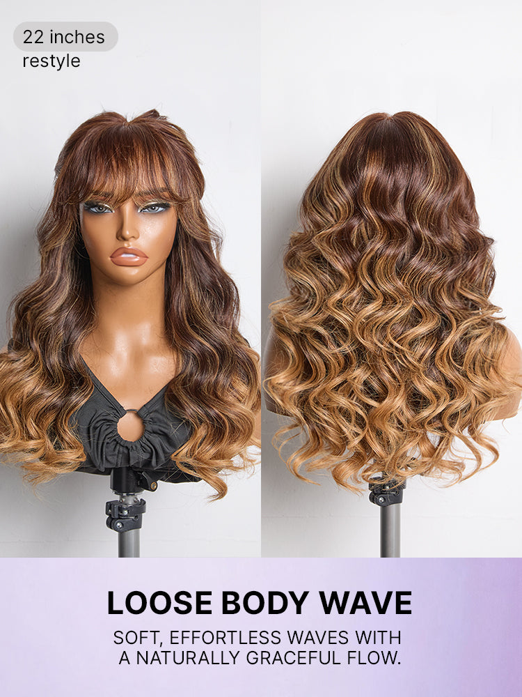 Luvme All-Day Comfort™ human hair wig with loose body wave texture, 180% density, glueless 7x6 HD lace closure with bangs