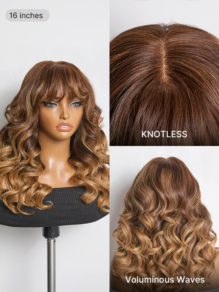 Luvme All-Day Comfort™ human hair wig with loose body wave, 7x6 HD lace closure, bangs, and 180% density.