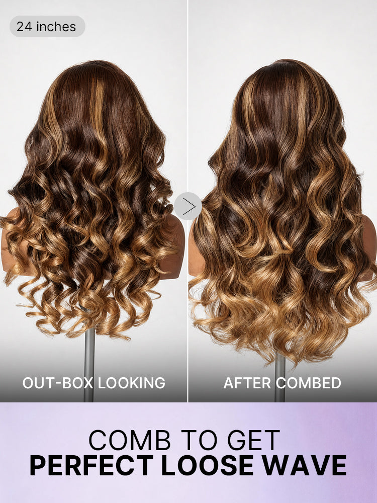 Luvme Hair All-Day Comfort™ loose body wave human hair wig with 7x6 HD lace closure and bangs, 180% density, glueless fit