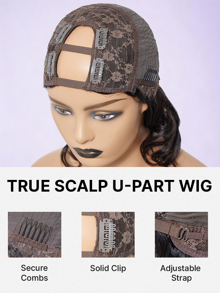 Luvme U Part Wig with body wave, straight, kinky, and deep wave human hair styles displayed on a model.