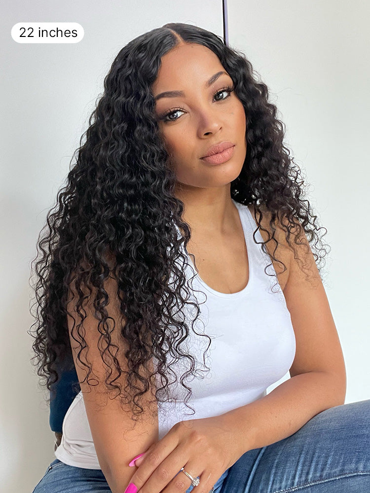 Luvme U part wig featuring body wave, straight, kinky, and deep wave human hair in natural black color with a U-shaped part.