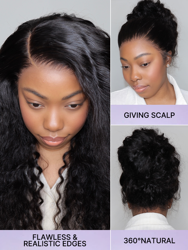 Luvme Hair Water Wave 360 lace wig with pre-bleached, pre-plucked human hair, long flexible cap, and invisible drawstring.