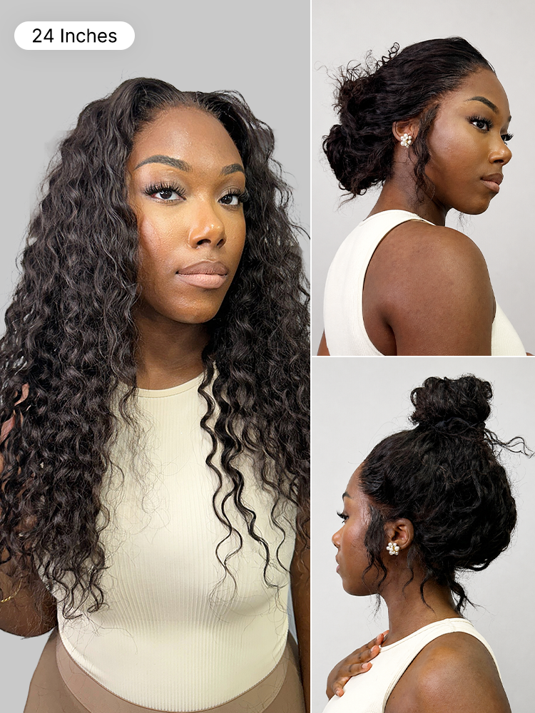 Luvme Hair Water Wave 360 lace wig with flexible cap, human hair, pre-bleached, pre-plucked, and pre-cut lace for natural style.