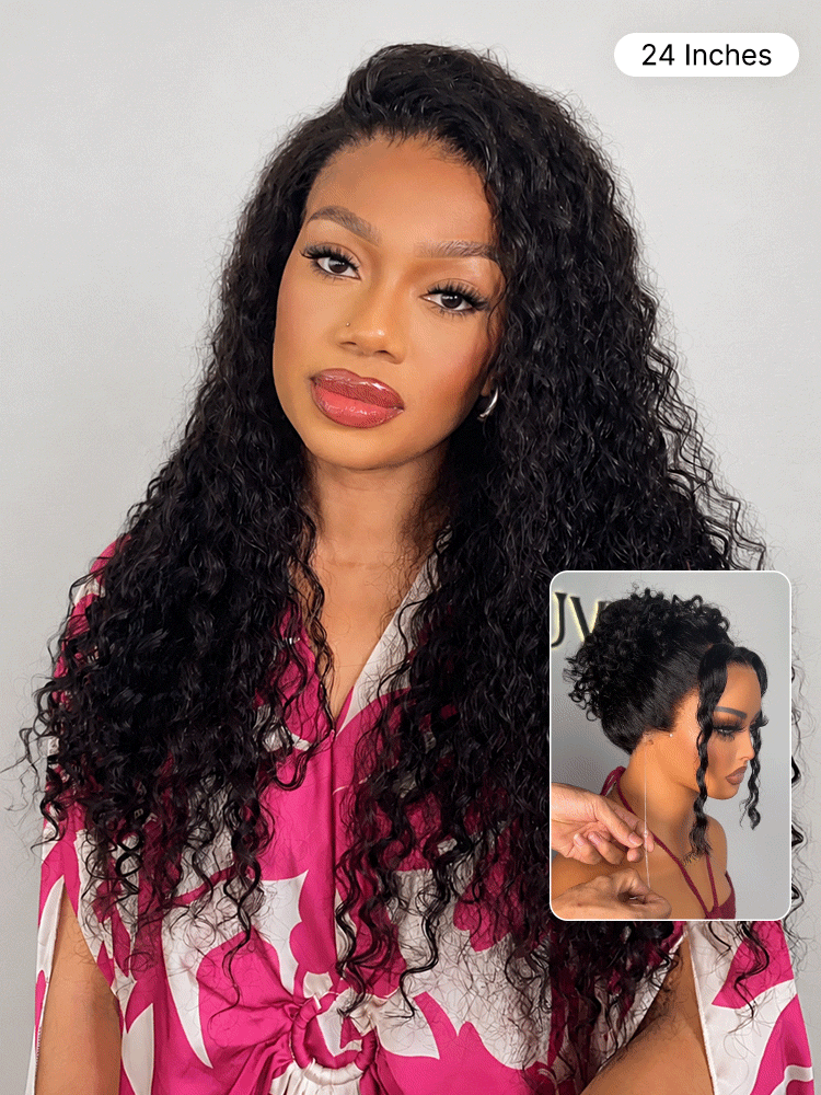 Luvme Hair Water Wave 360 lace wig with flexi-fit cap, human hair, pre-bleached, pre-plucked, and pre-cut lace for natural look.